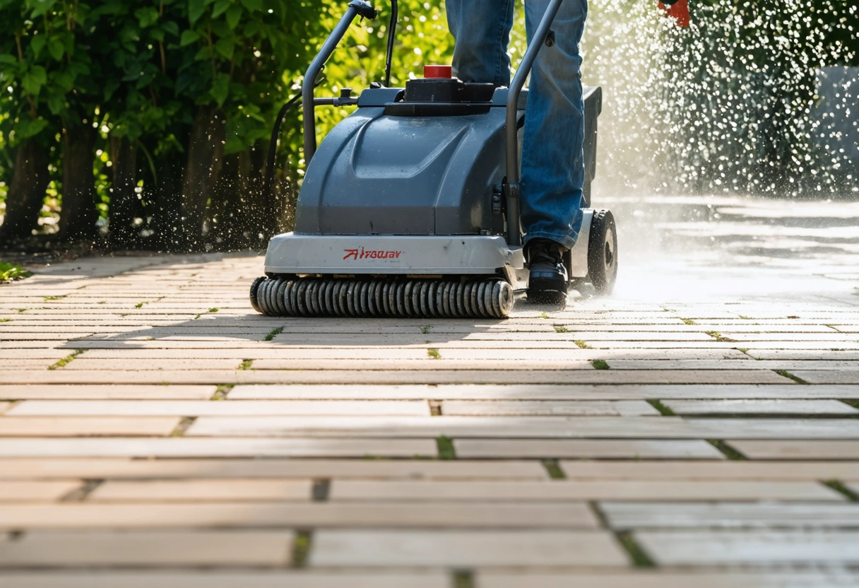 Professional cleaning pavers with rotary surface cleaner, even spray, healthy plants nearby