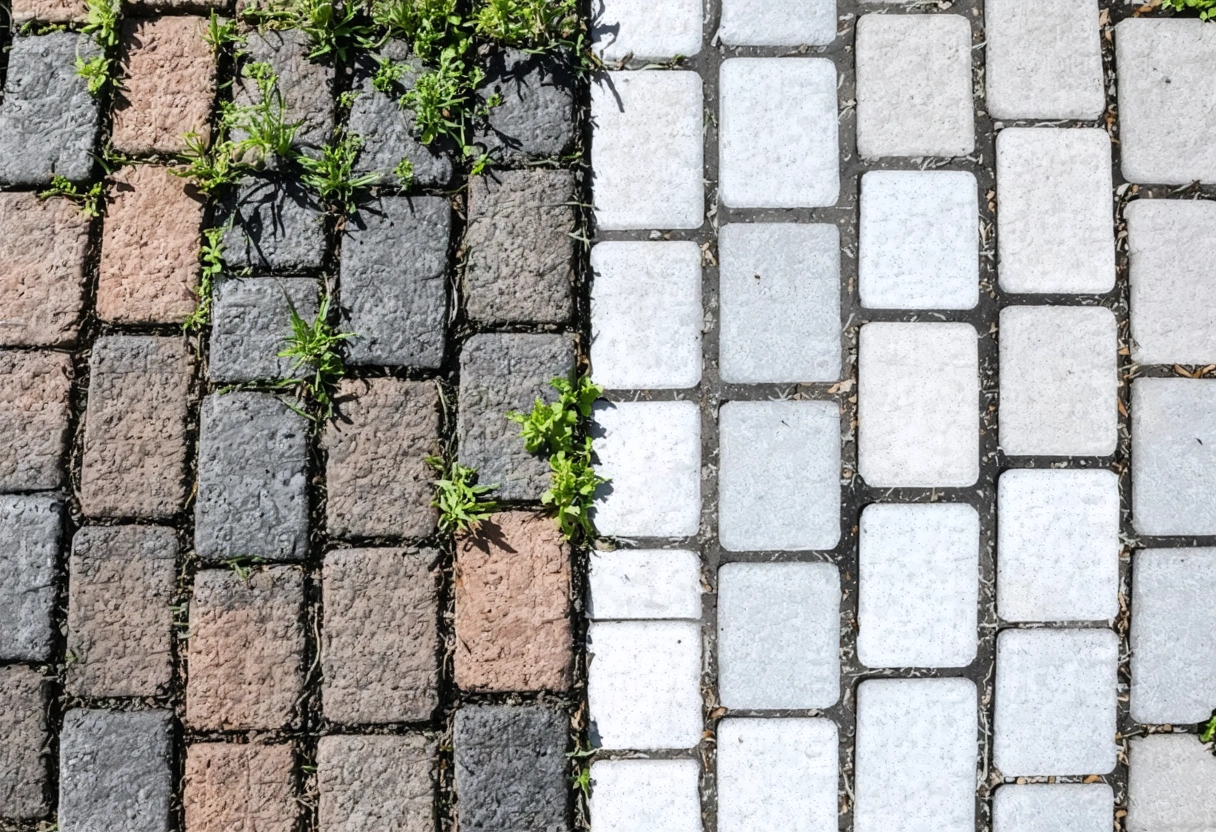 Overhead view comparing dirty, stained pavers to professionally cleaned, spotless pavers