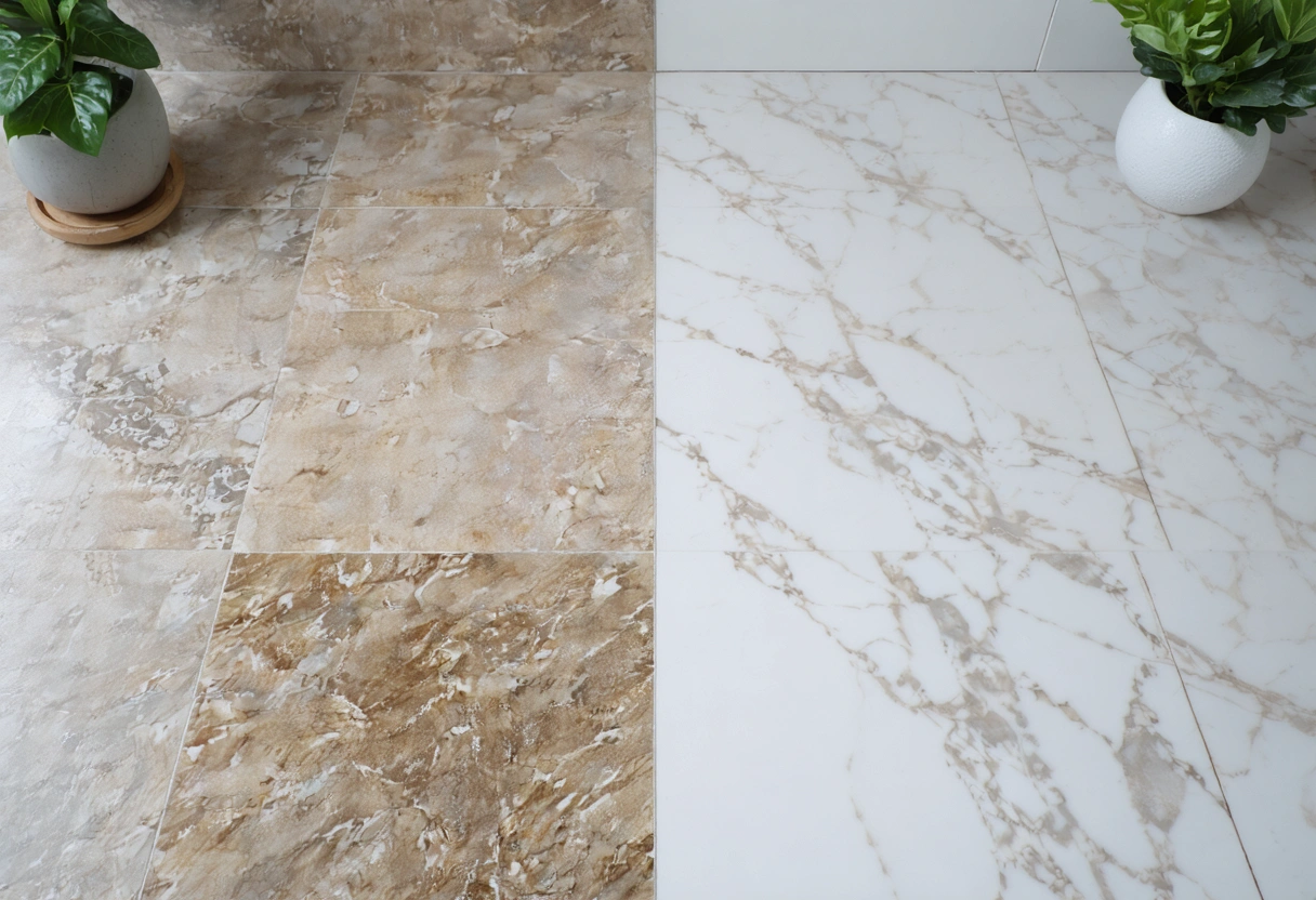 Bathroom floor split between natural stone and porcelain tile, both clean and polished