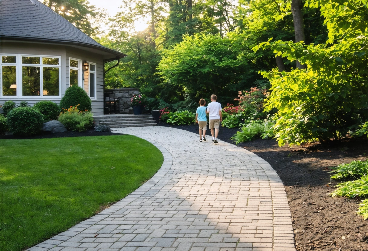 Family walking on spotless paver walkway toward modern home, surrounded by lush greenery