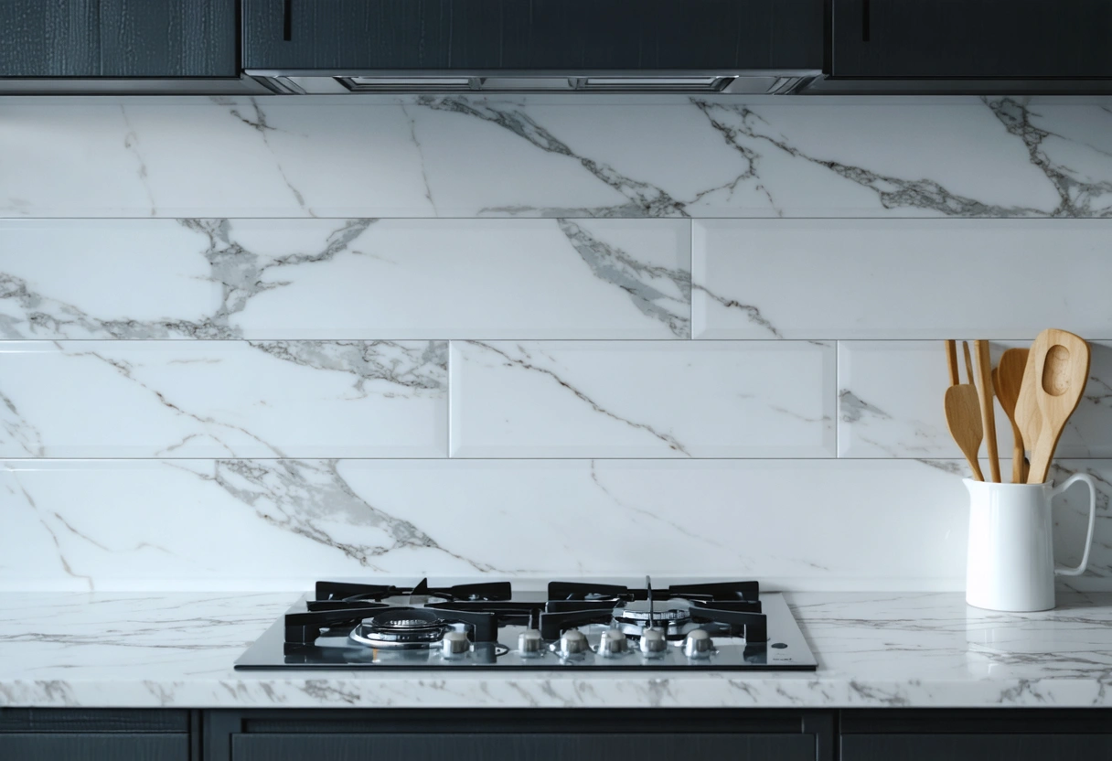 A beautifully installed backsplash in a modern kitchen, showcasing professional craftsmanship. Bright and inviting atmosphere.