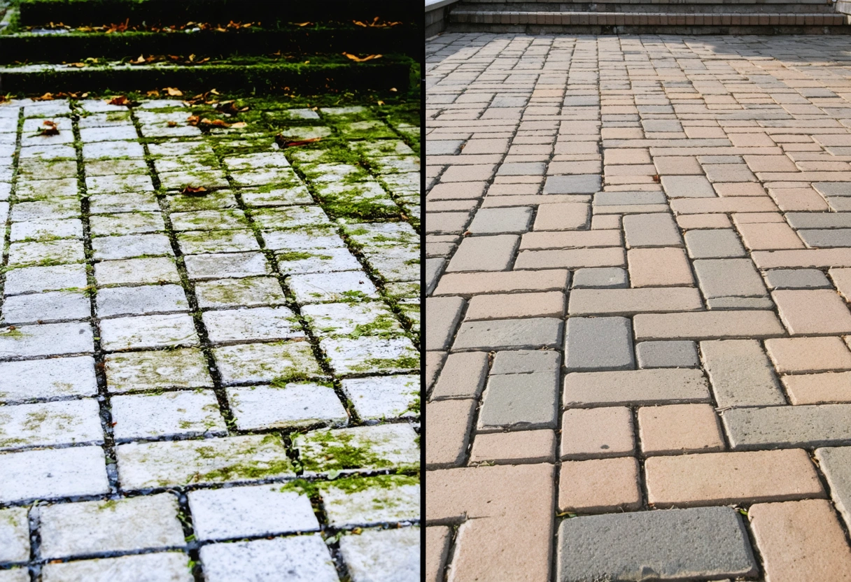 Before-and-after patio paver restoration, from mossy to vibrant