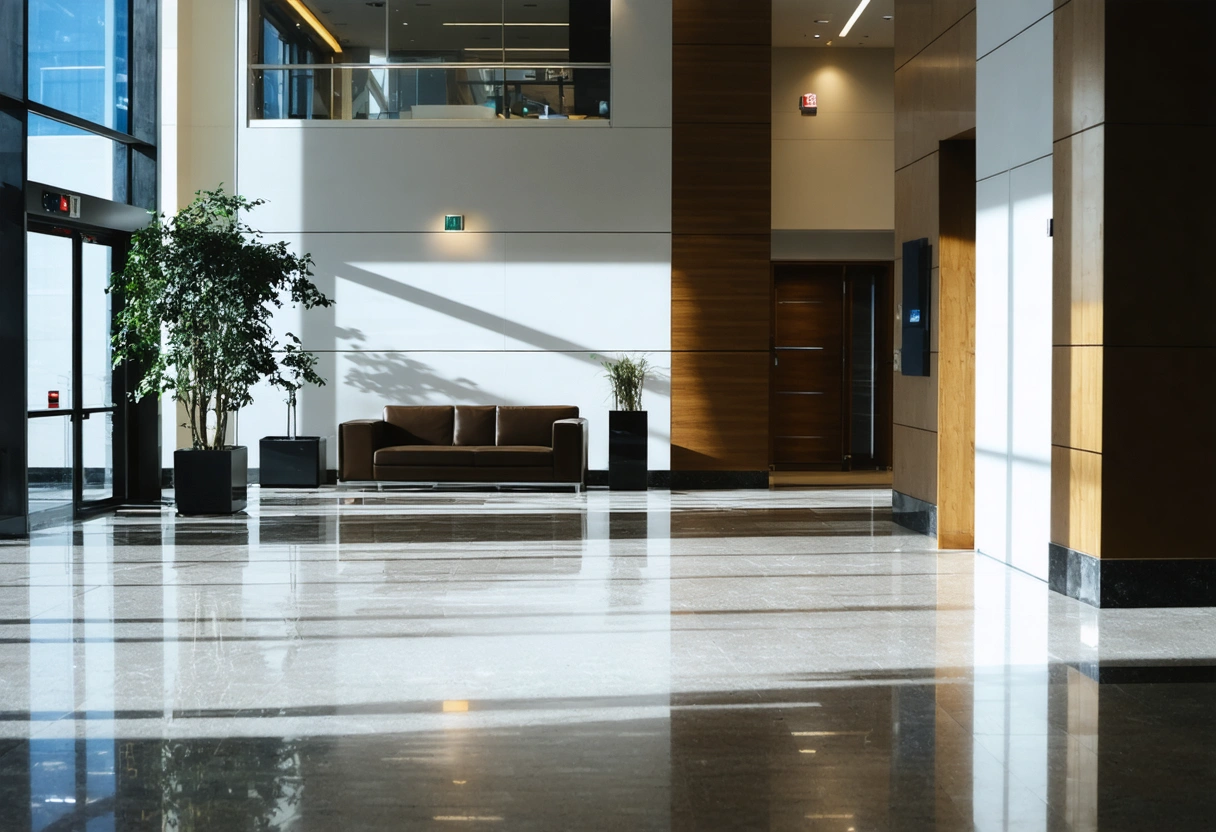Gleaming lobby floors and polished surfaces in a professional setting