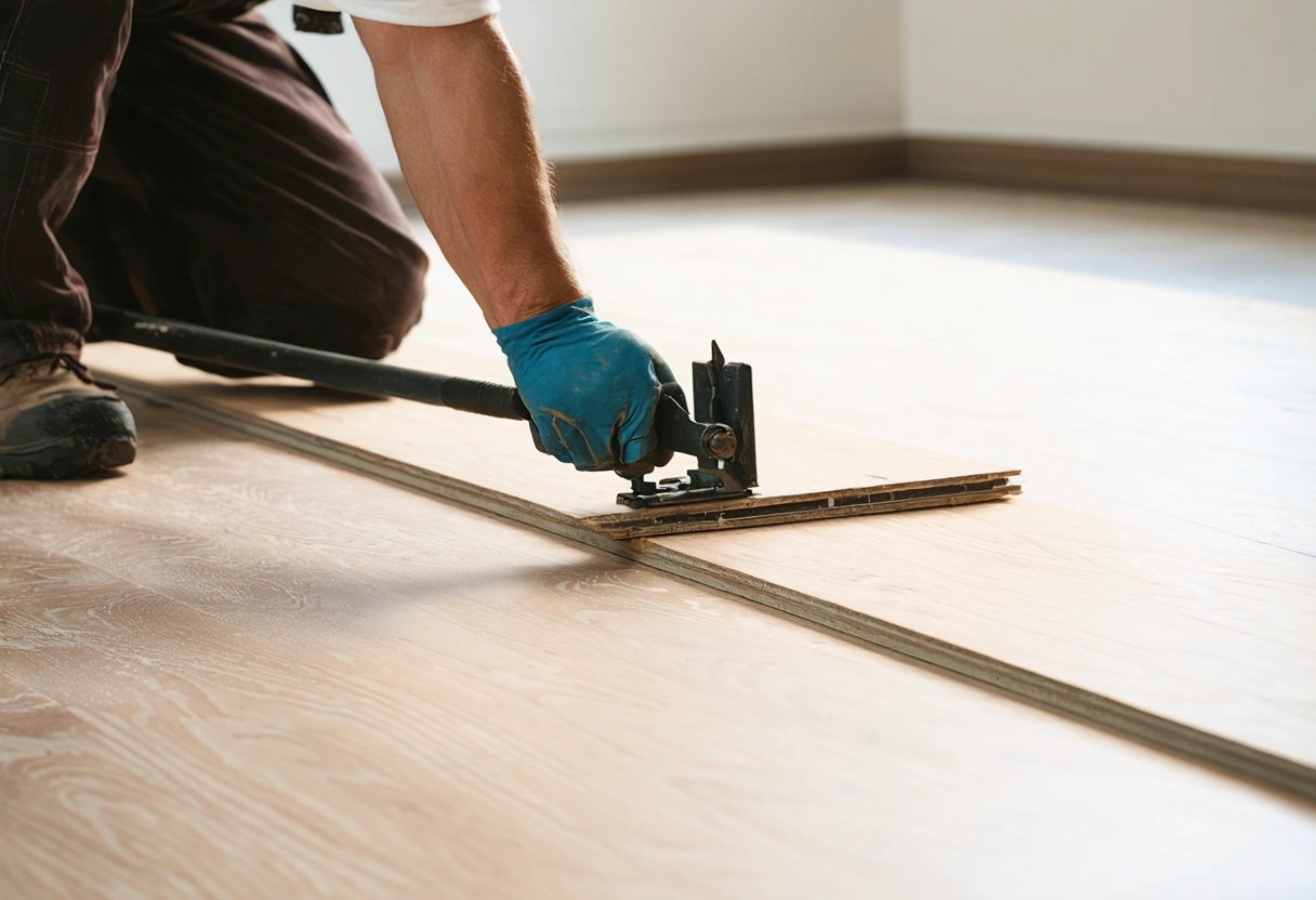 Worker aligning laminate planks using click-lock mechanism