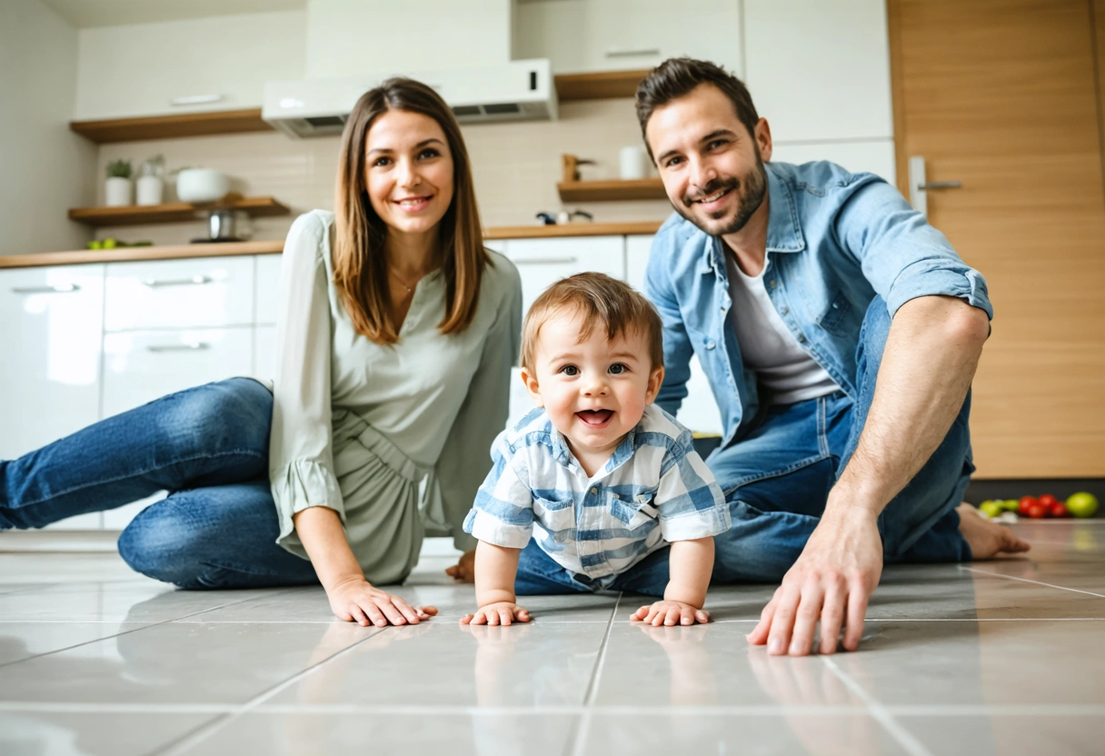 A family enjoying a clean, safe home environment. The focus is on spotless tile floors
