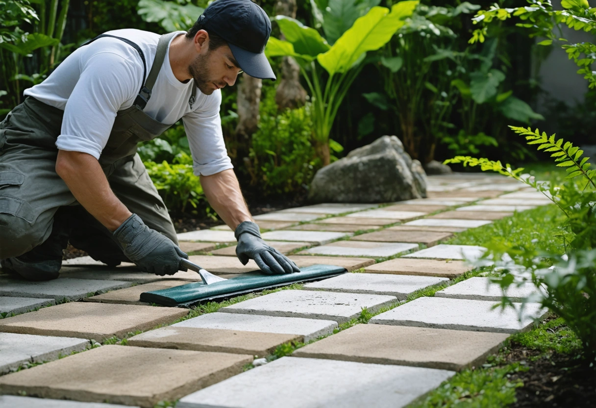 Professional sealing pavers with eco-friendly products in lush garden