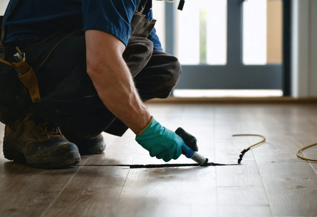 Handyman applying sealant to crack in wooden floor