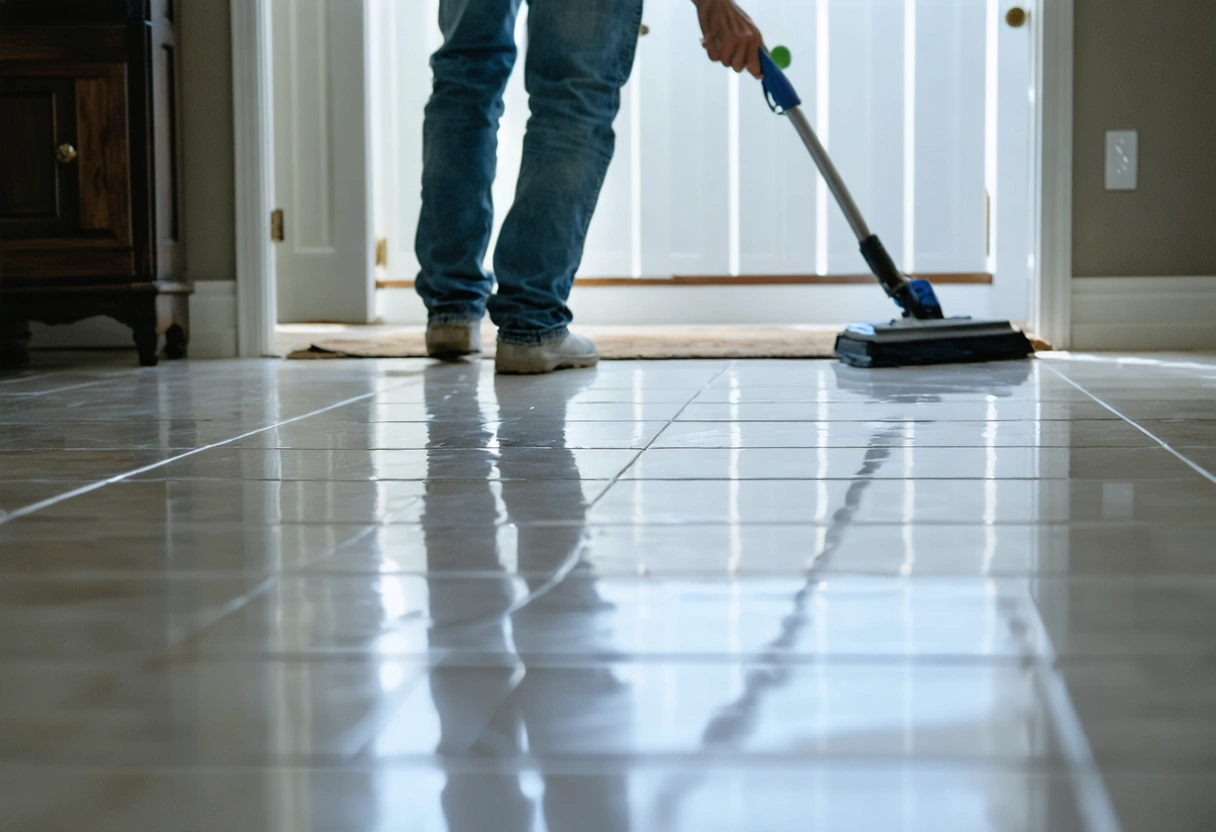 A homeowner admiring their spotless, professionally cleaned tile floor. The scene conveys satisfaction and peace