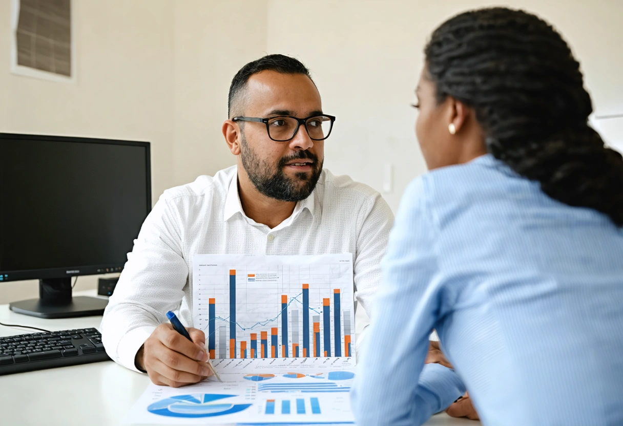 Homeowner and professional discussing paver maintenance costs in office