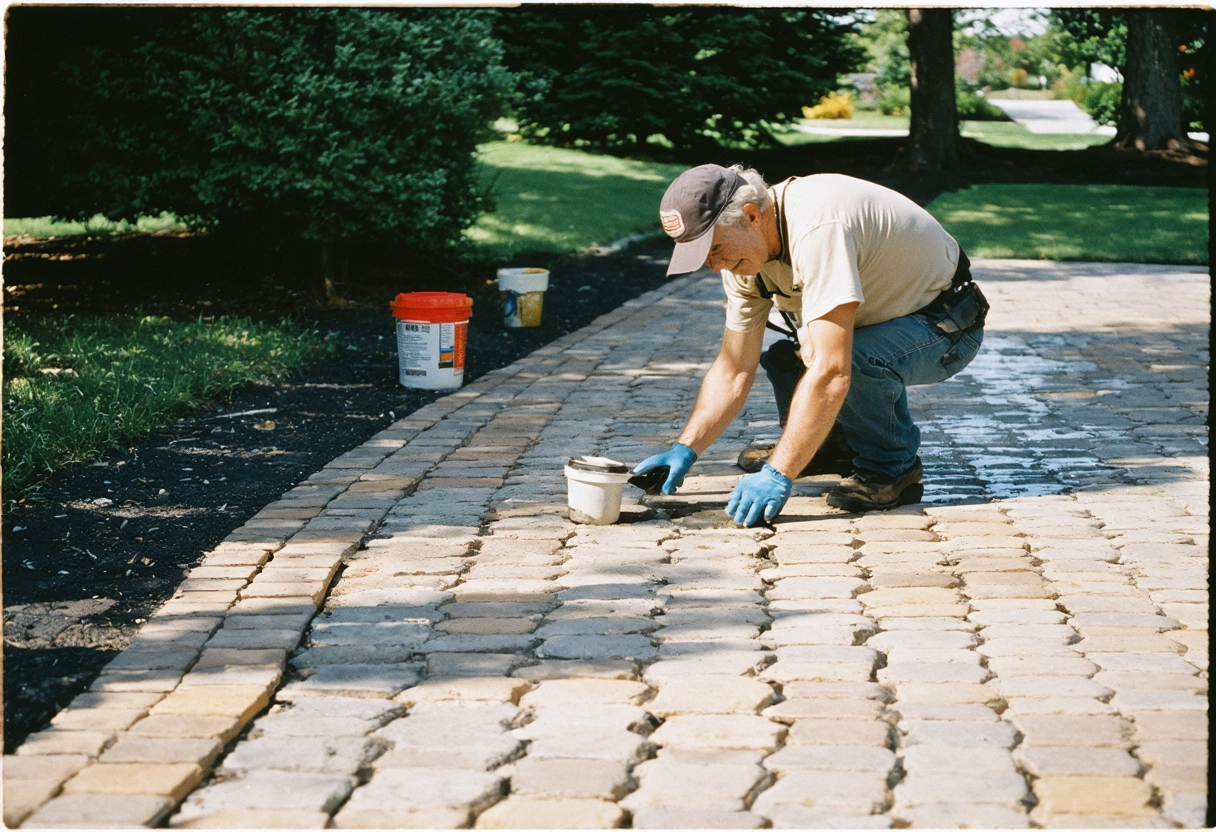 Homeowner observing professional sealing pavers, showing durability contrast