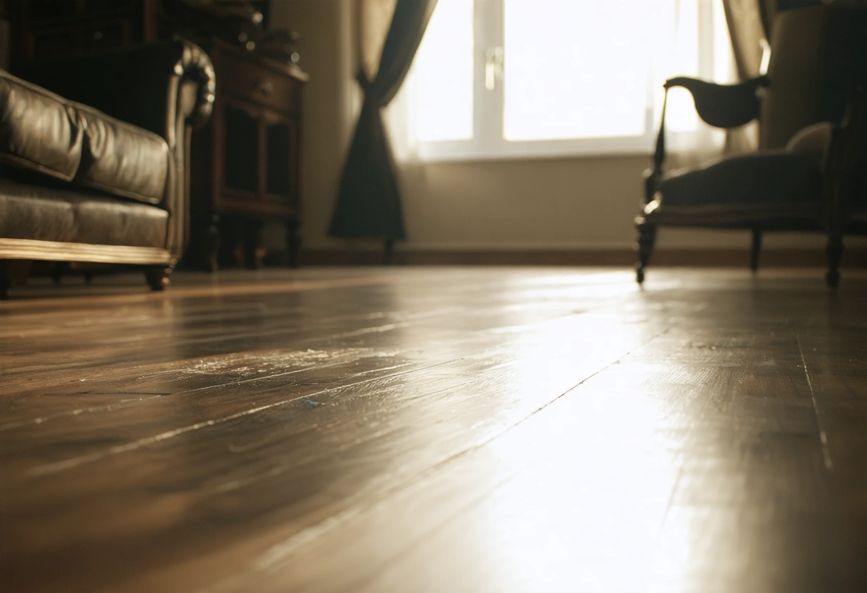 Polished wooden floor in living room with sunlight