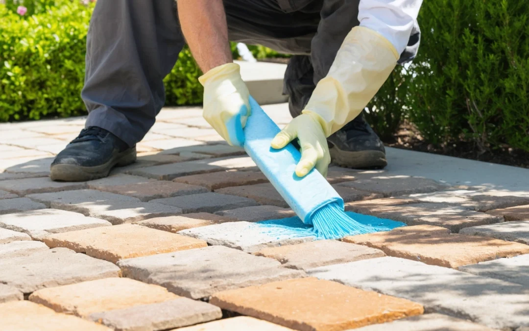Close-up of a professional sealing outdoor pavers in a sunny garden, highlighting precision.