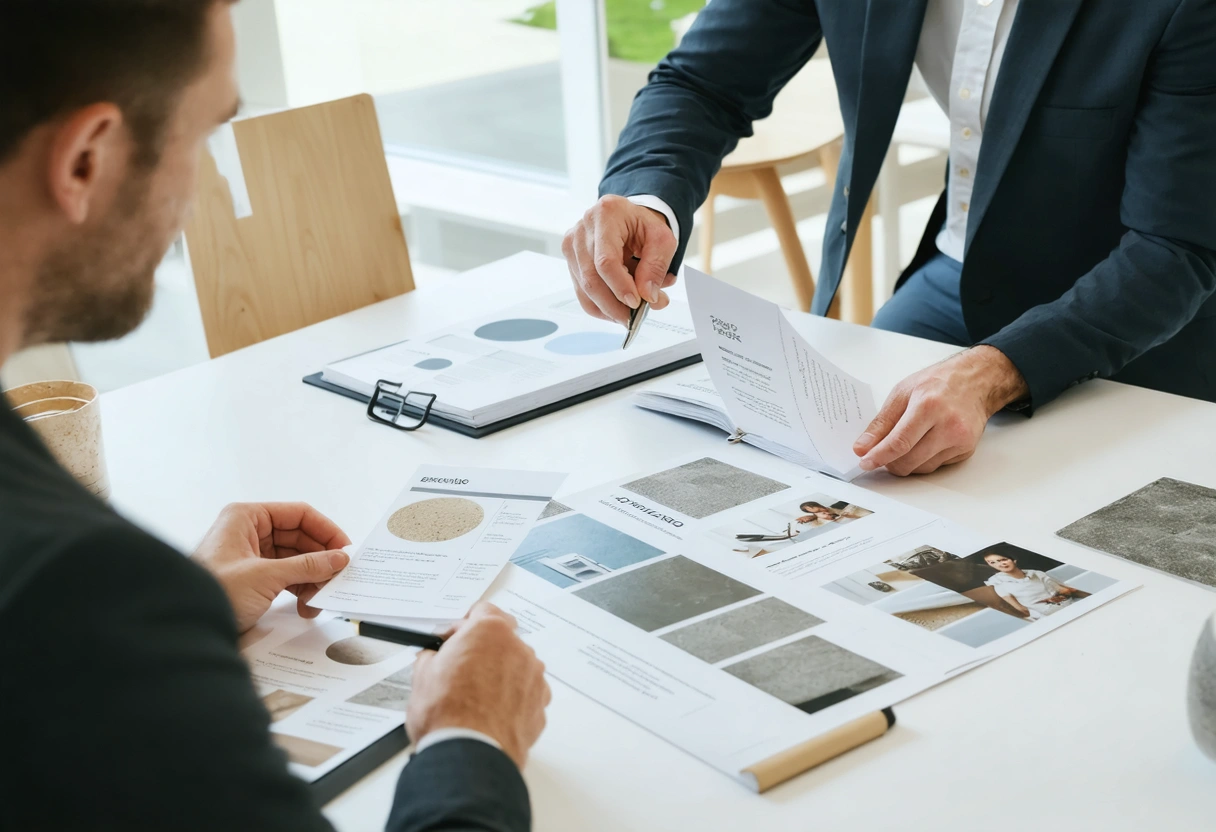 A professional discussing grout service options with a client in a modern office setting. The