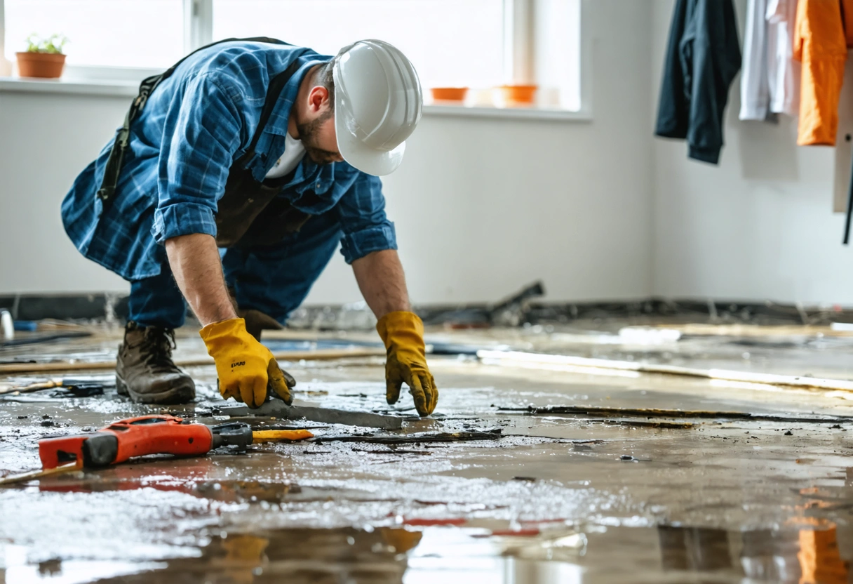 Flooring expert inspecting water-damaged area with tools