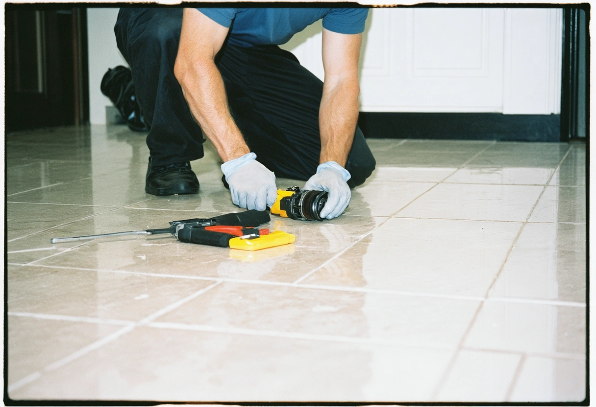 A professional inspecting and maintaining tile floors in a modern home. The scene shows tools