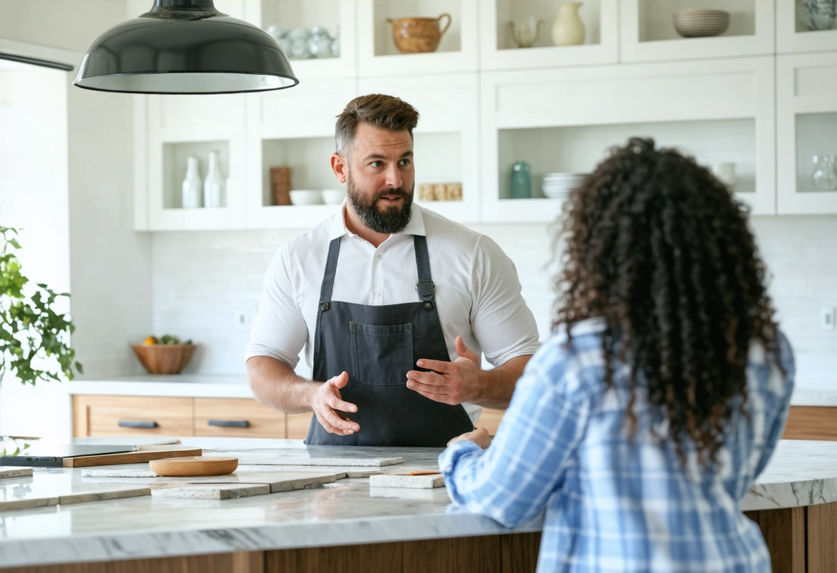 A professional installer discussing backsplash options with a homeowner. Bright, well-lit room with samples on