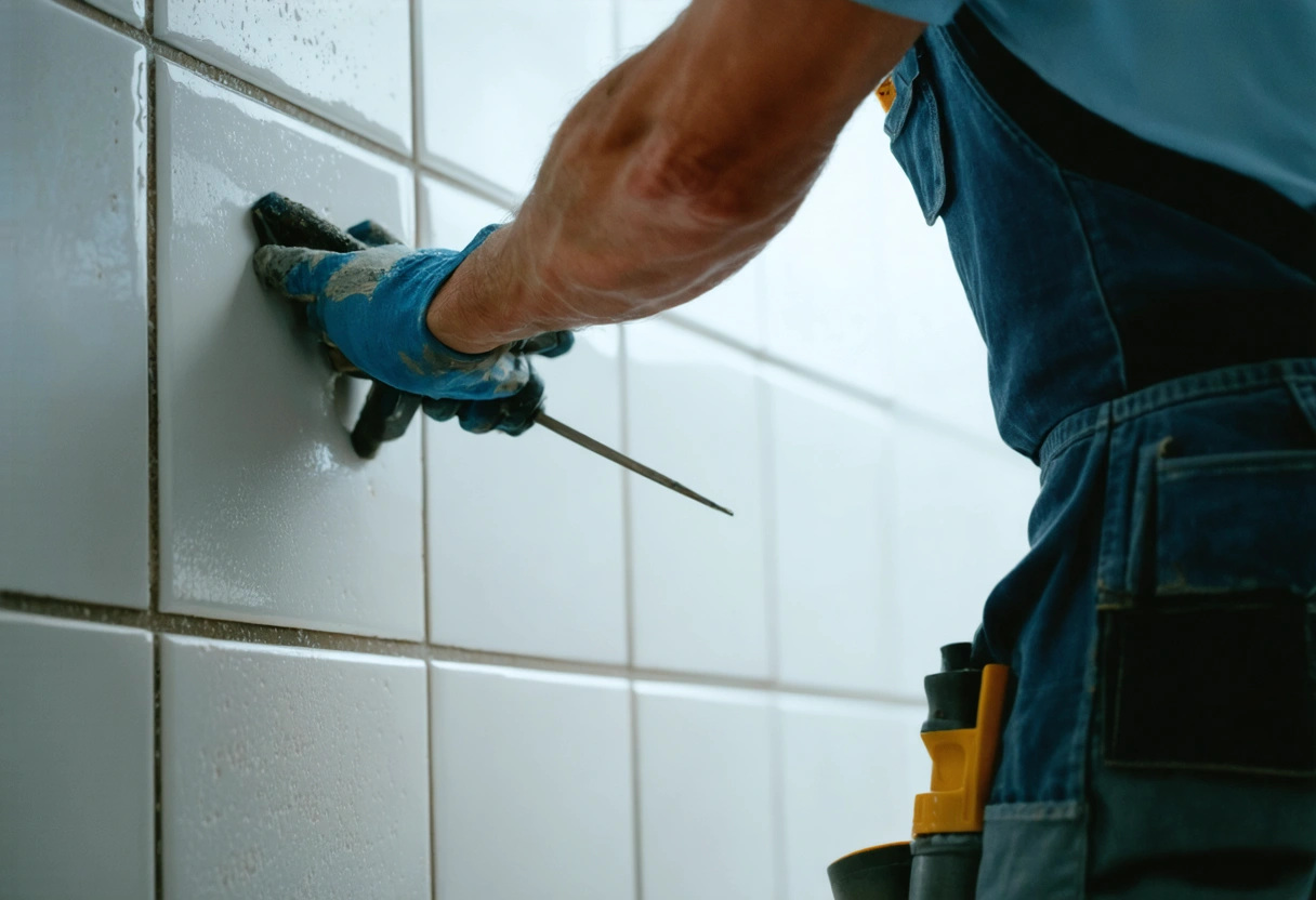 A professional installer meticulously placing tiles on a kitchen wall. Bright lighting emphasizes precision and