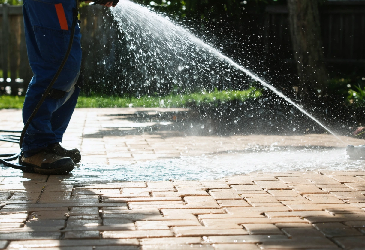 Professional cleaning outdoor pavers with high-pressure washer in sunny backyard