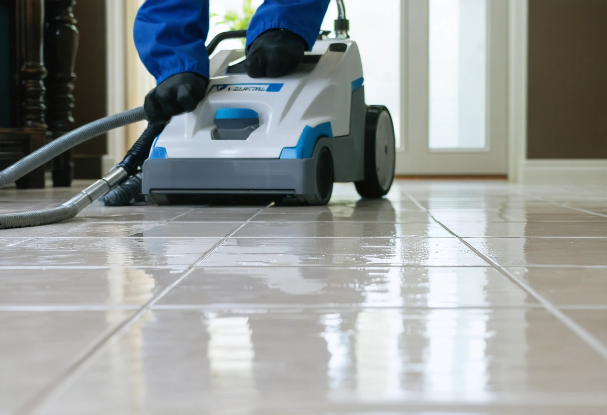 A professional using advanced cleaning equipment on a tile floor, focusing on grout lines. The