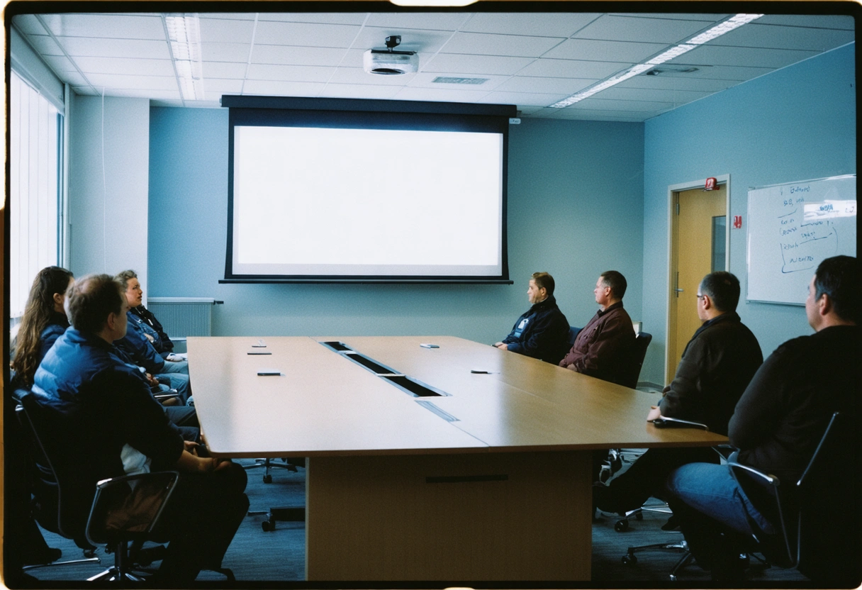 Staff training session on surface care techniques in modern conference room.