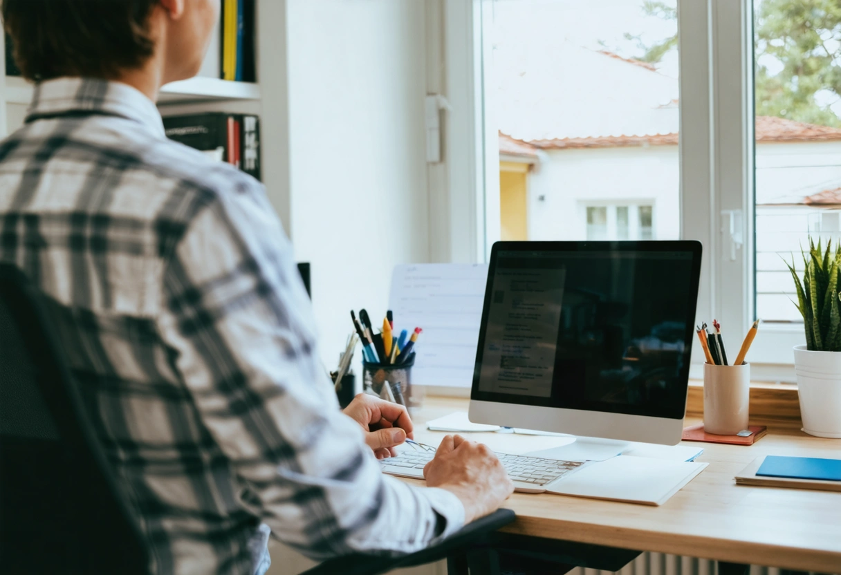 Vacation rental owner reviews maintenance checklist in organized office space.