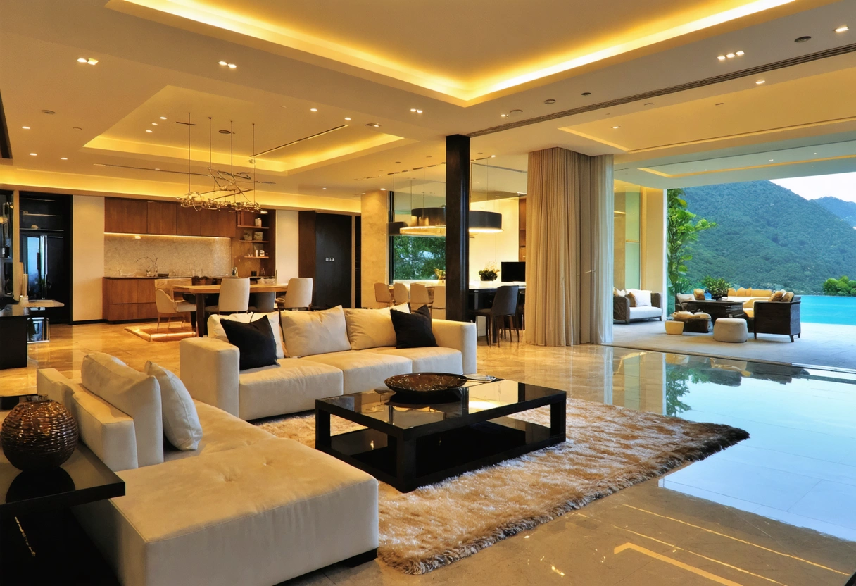 Luxurious vacation rental living room with gleaming surfaces and elegant decor.
