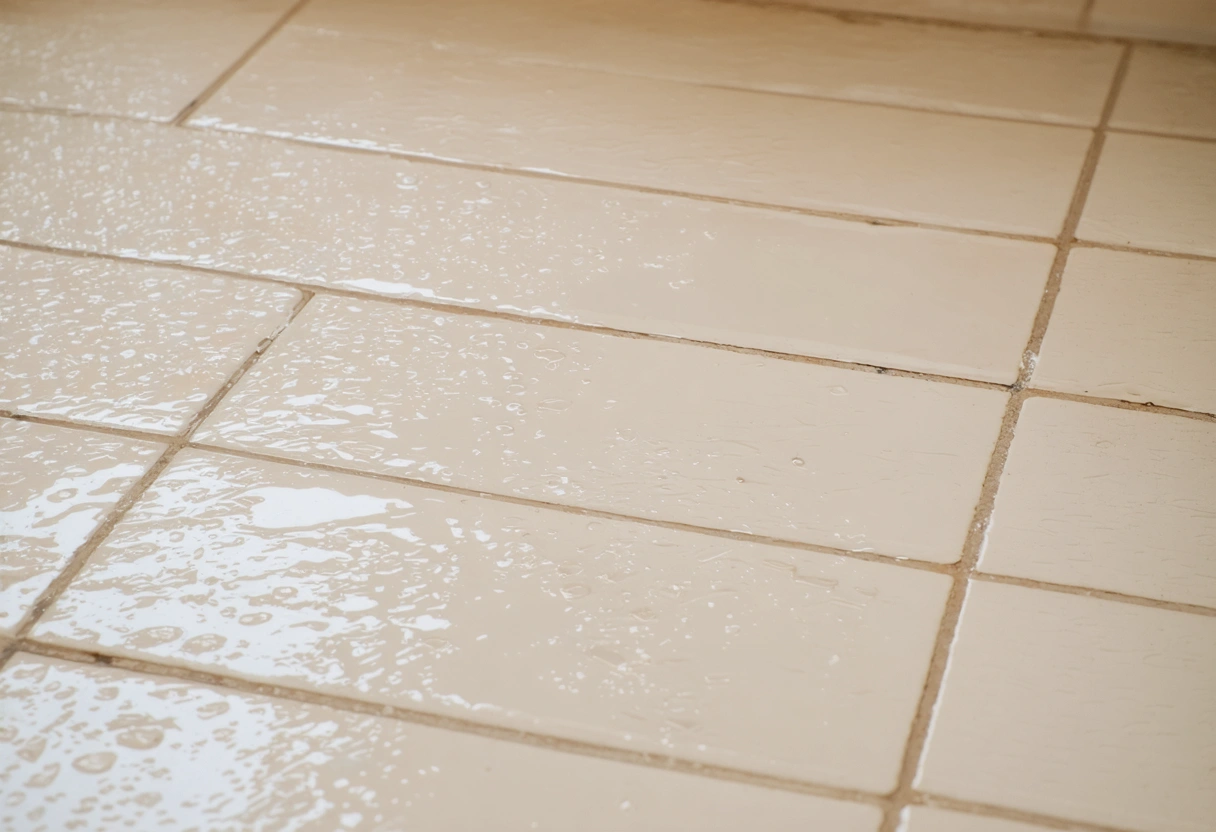 Bathroom floor with sealed grout, water beading on clean, bright tiles