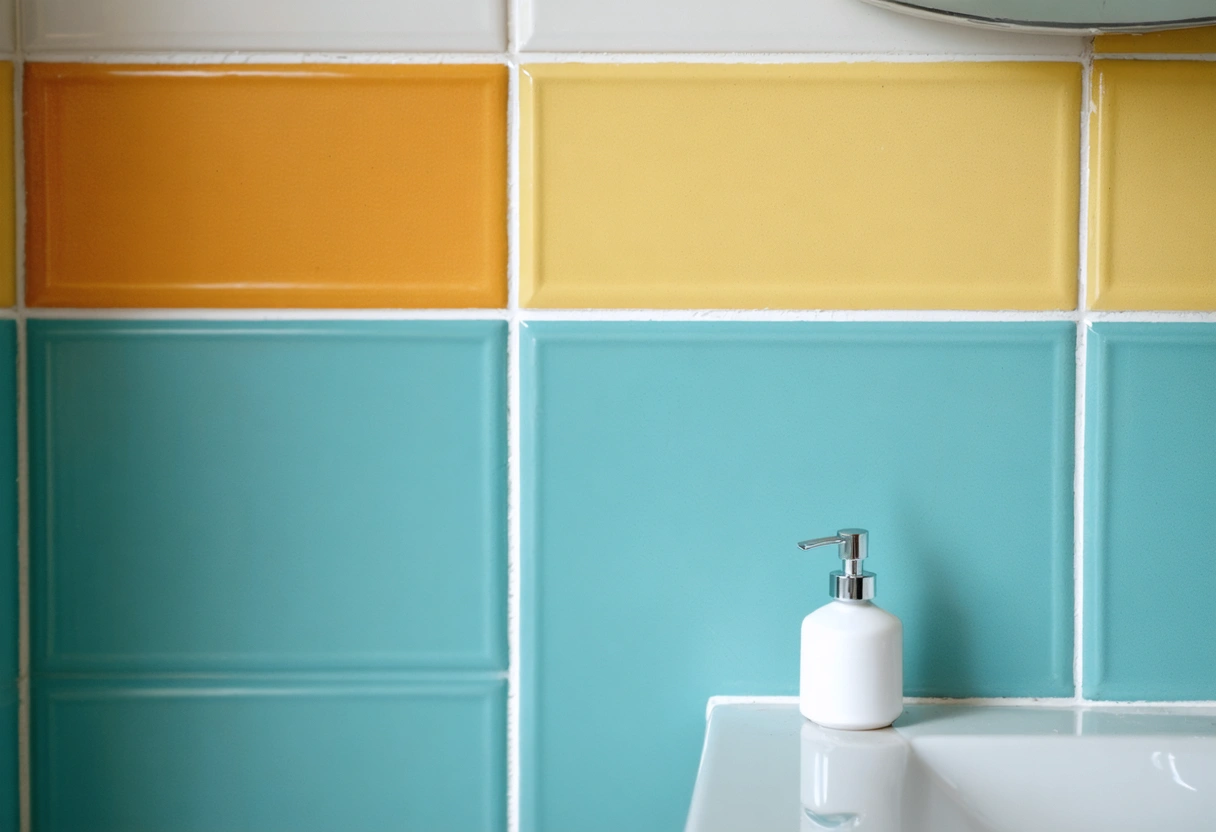Bathroom with colored grout sealant, contrasting tiles, close-up view