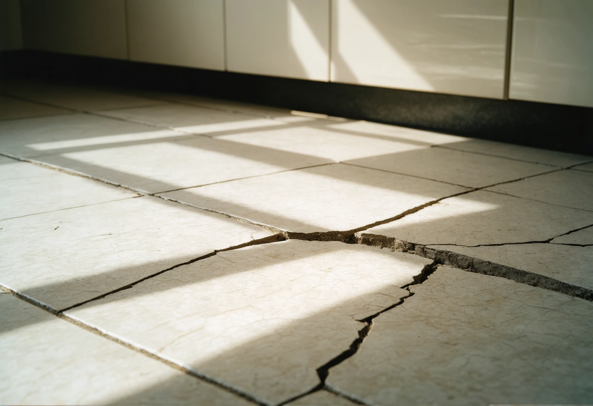 Cracked tile floor in kitchen with sunlight highlighting damage