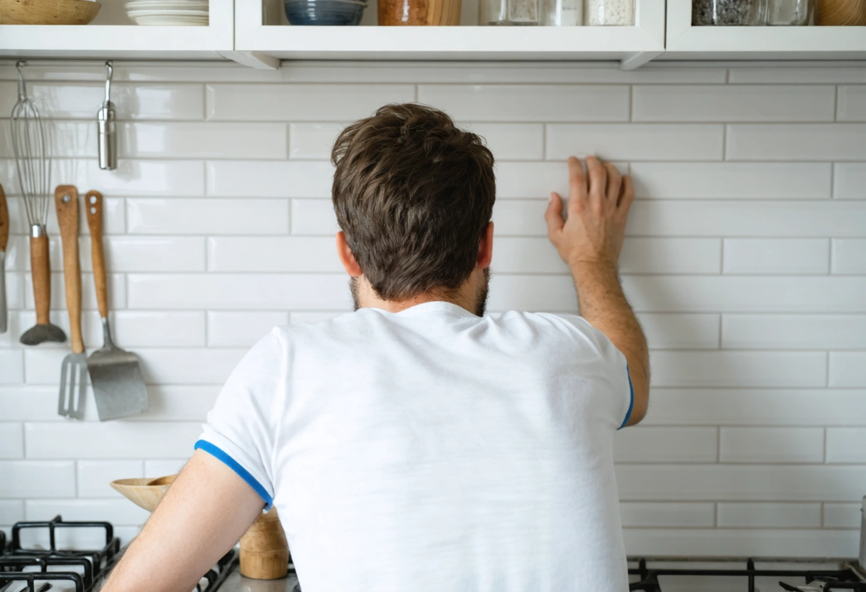 DIY enthusiast struggling with uneven tiles and grout on a kitchen backsplash. Natural light shows