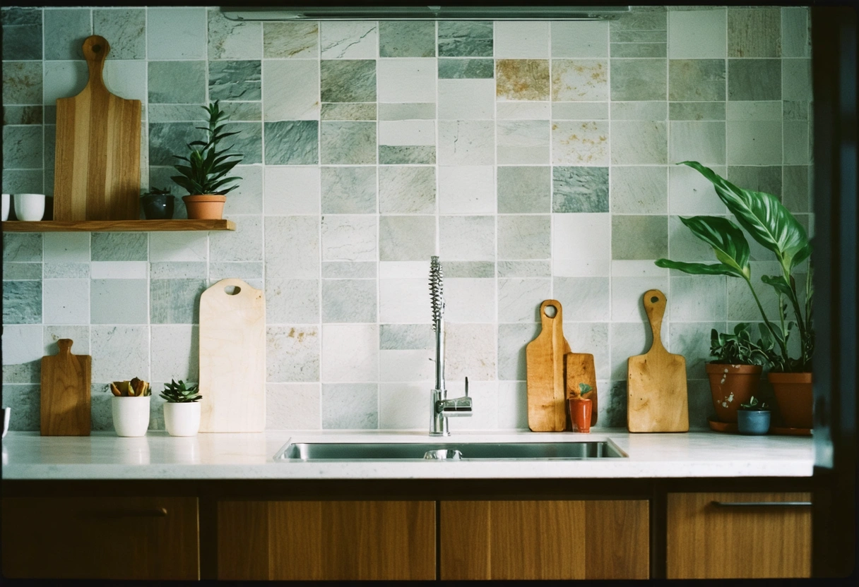 Eco-friendly kitchen with a backsplash made of recycled materials. Soft lighting accentuates the natural textures