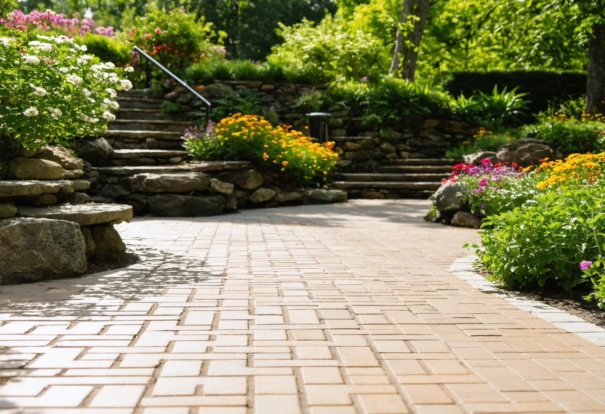 Eco-friendly paver sealing process, professional using low-VOC sealant, garden setting, focus on sustainable practices, sunny
