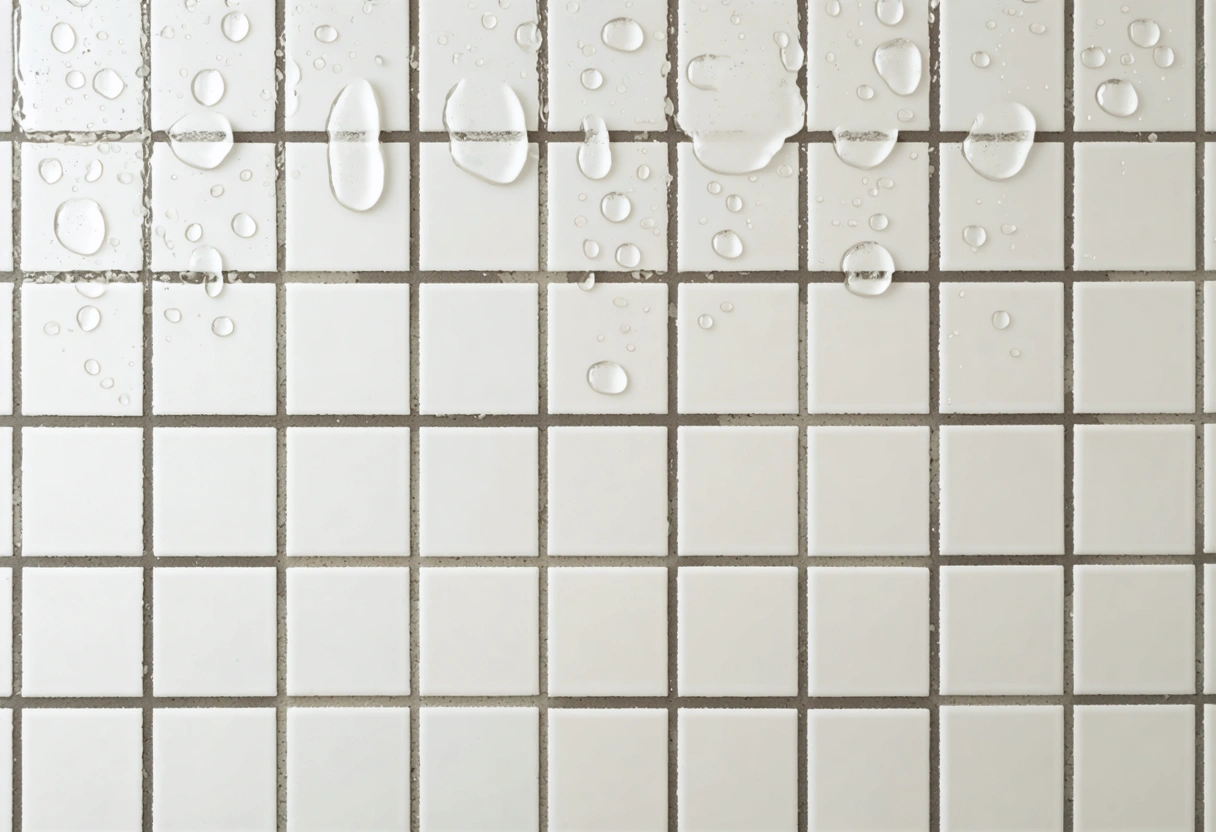 High-traffic kitchen area with sealed grout, water beading on surface