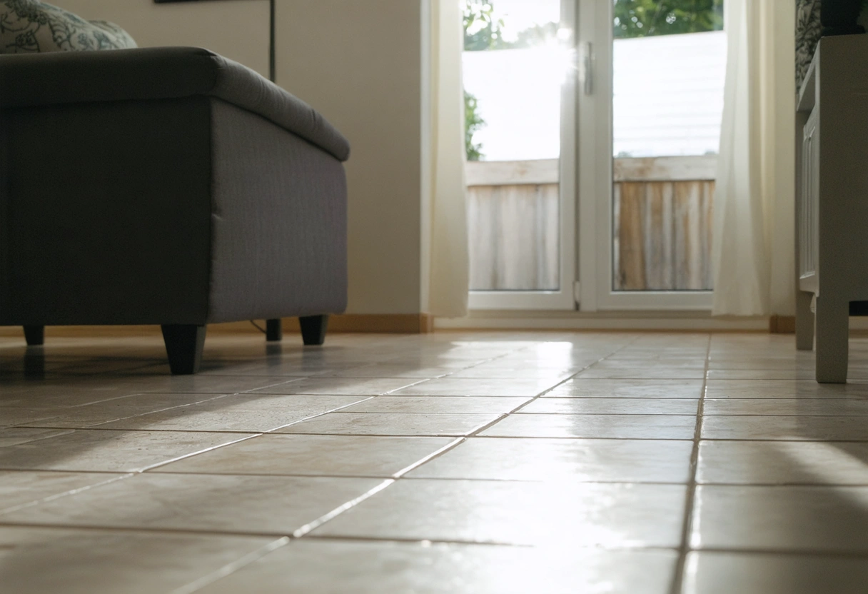 Living room with tiled floor, sealed grout, bright and clean tiles