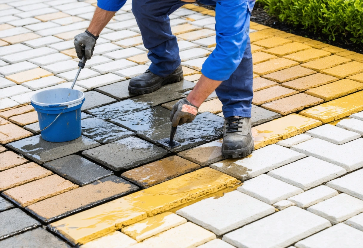 Professional using high-grade sealant on pavers, specialized equipment visible, focus on even application, sunny day,
