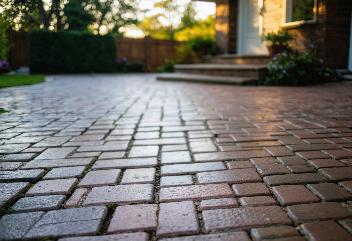 Vibrant, freshly sealed pavers in a residential driveway, late afternoon light, showcasing enhanced colors and
