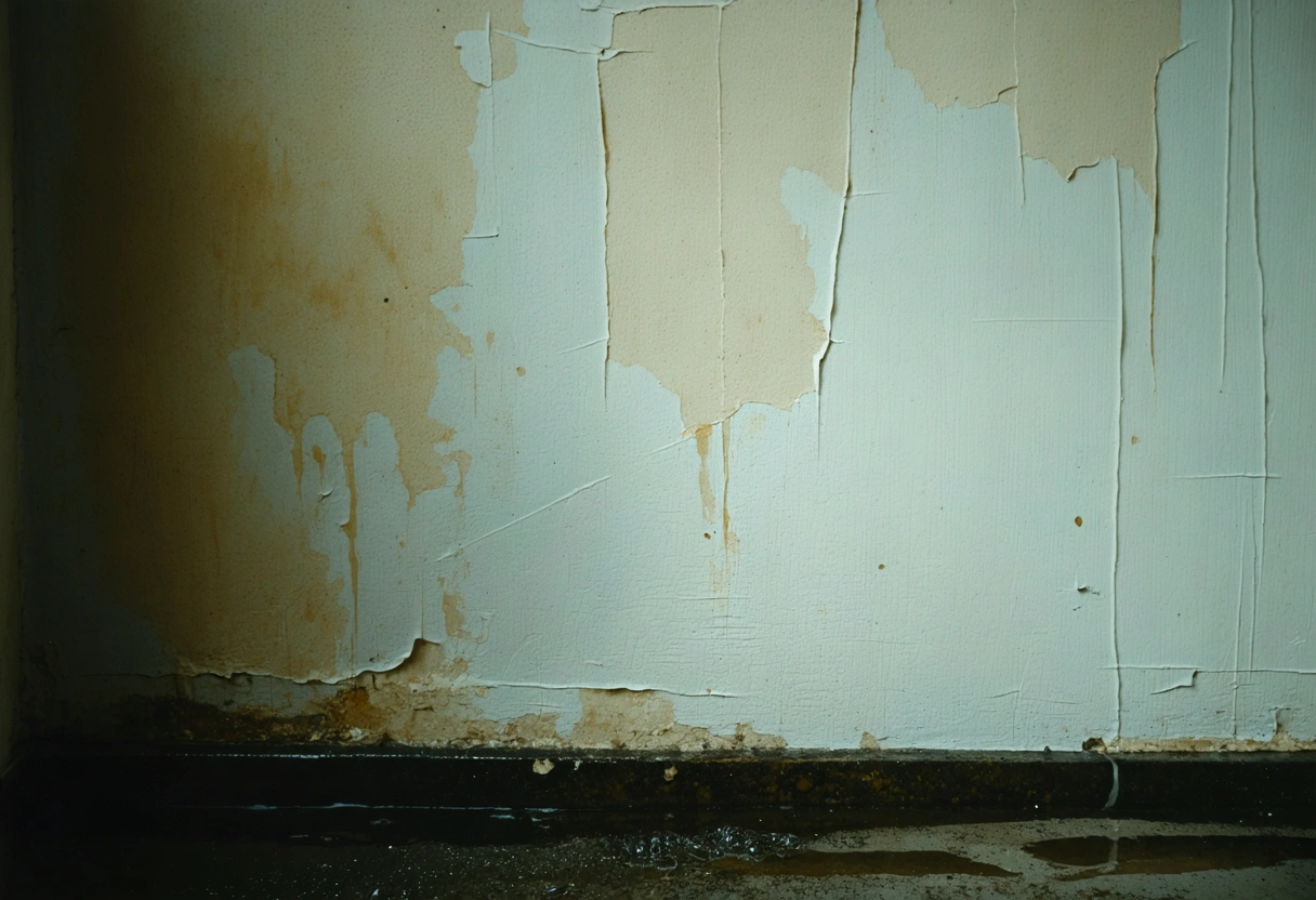Bathroom wall with peeling paint and water stains, dim lighting