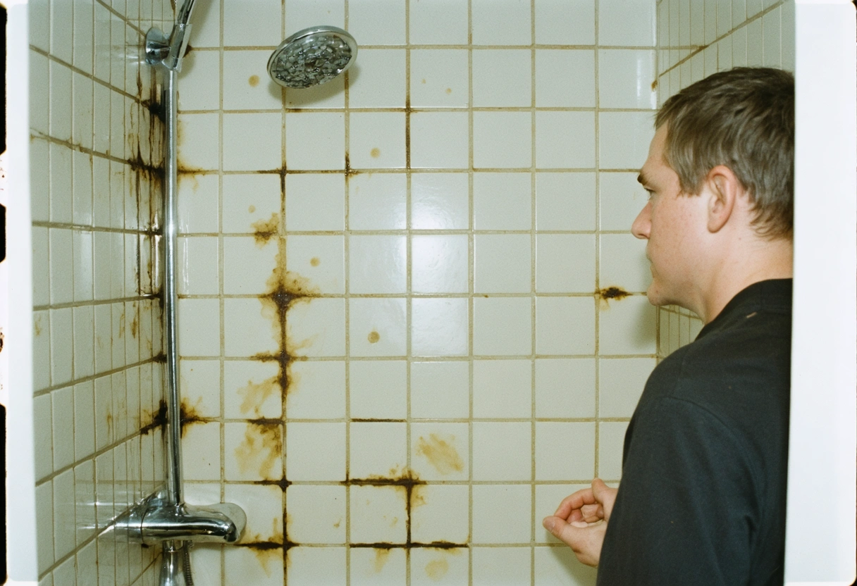 A bathroom with visible mold spots on the shower tiles, under harsh lighting, highlighting health