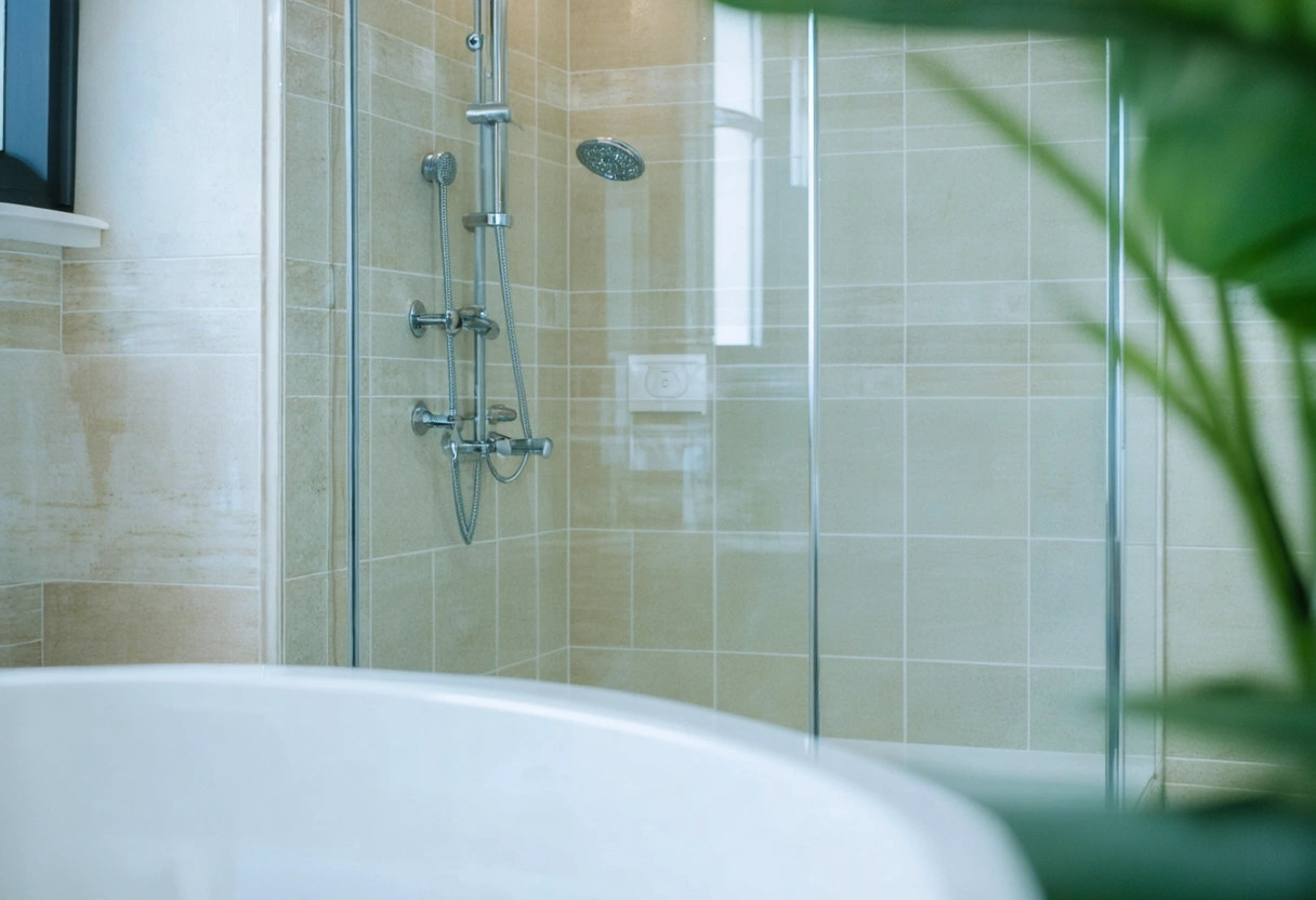 A beautifully renovated bathroom with a luxurious shower and backsplash, exuding elegance. The room is