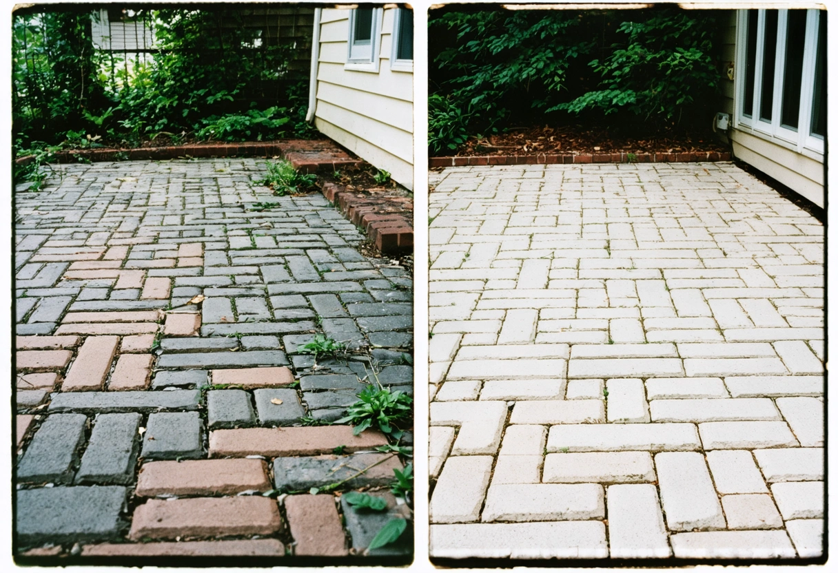 Before-and-after patio view with sealed, vibrant pavers on right