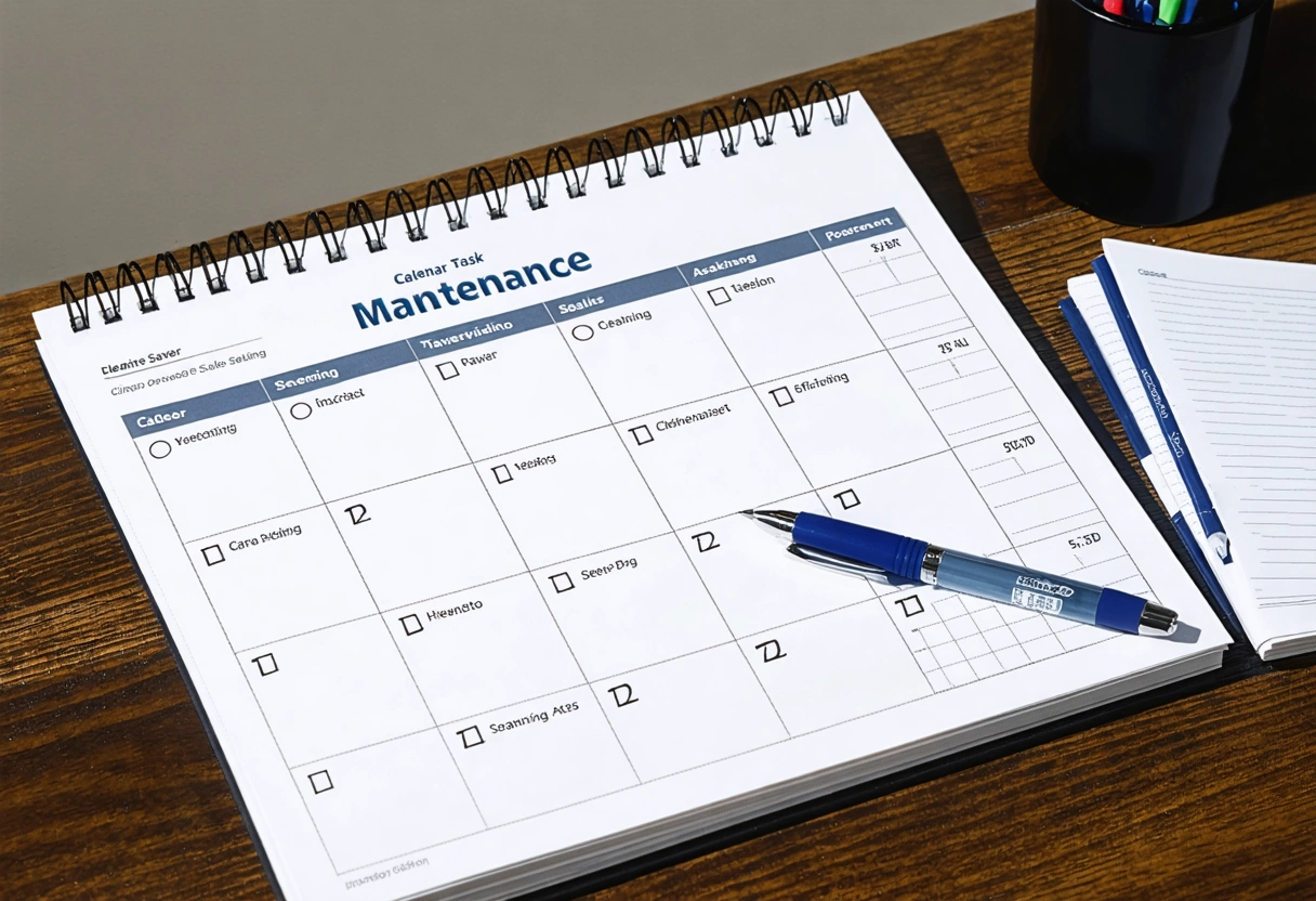 Calendar with paver maintenance tasks on desk, pen and notes nearby