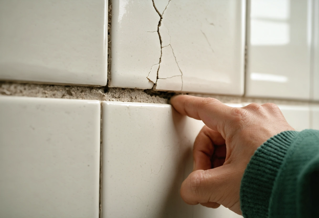 Close-up of cracked grout with hand pointing at damage.