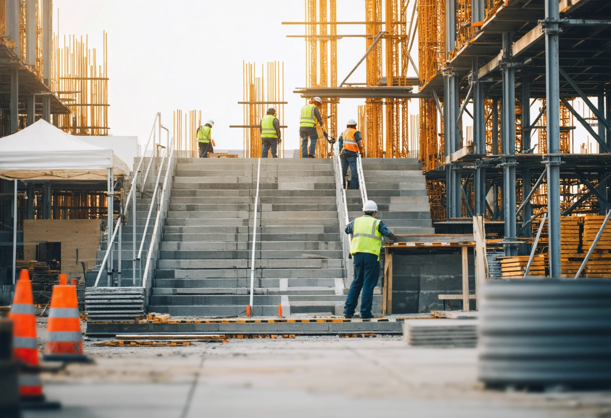 Construction site with workers installing staircases and handrails, ensuring safety