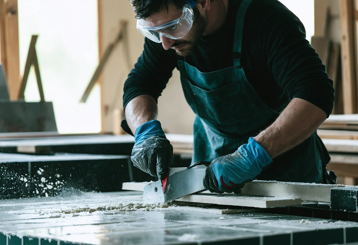 A craftsman carefully cutting a tile with a wet saw, wearing safety goggles and gloves.