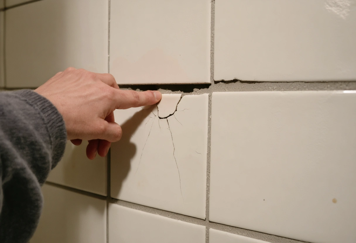 A detailed close-up of a cracked tile in a bathroom, with a hand pointing to