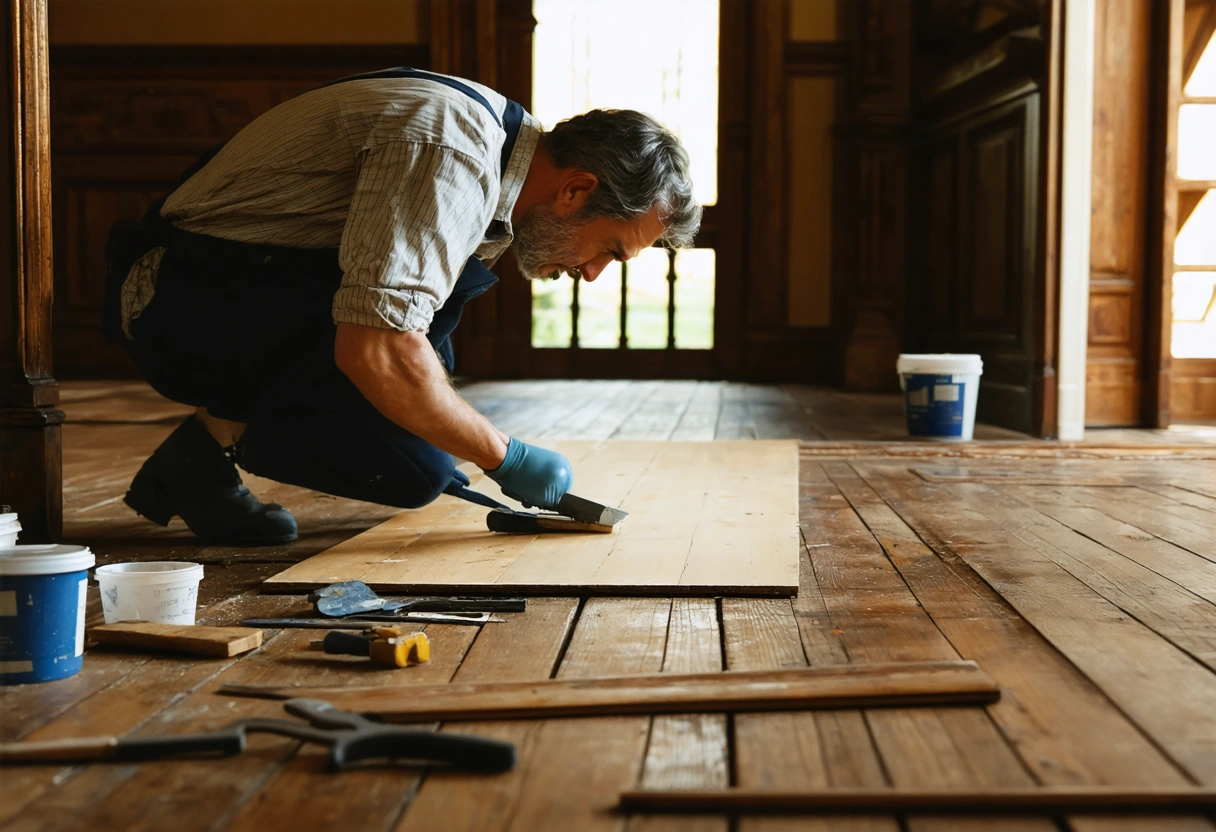 Expert matching wood finishes on older floor with tools and samples nearby