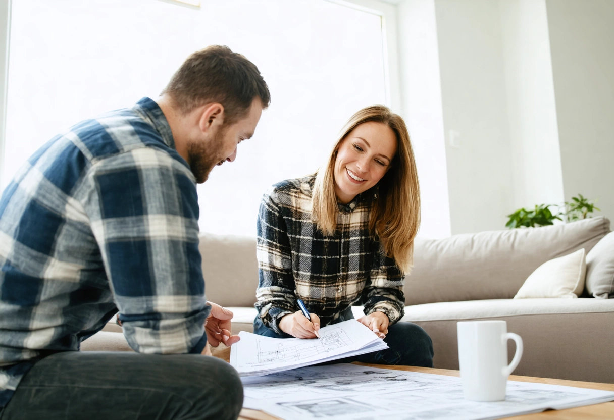 Floor restoration expert explaining project to homeowner in bright living room