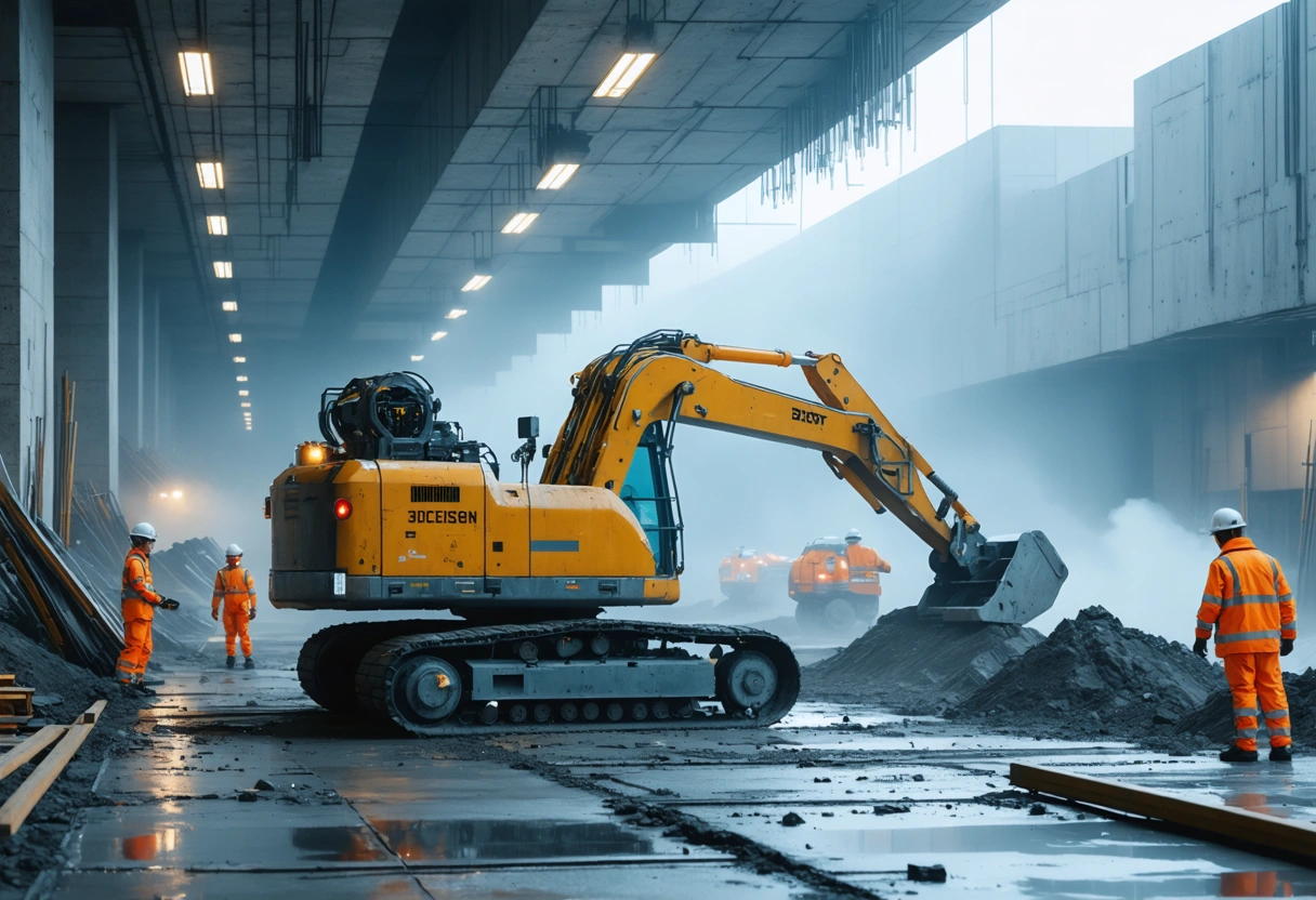 Futuristic construction site with advanced technology and sustainable materials, dynamic scene