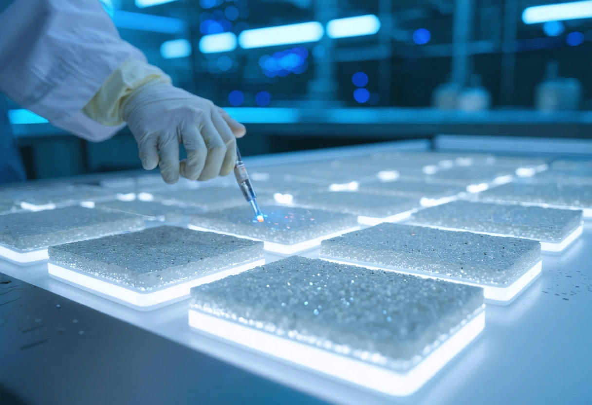 Futuristic lab with scientists examining self-healing grout samples.