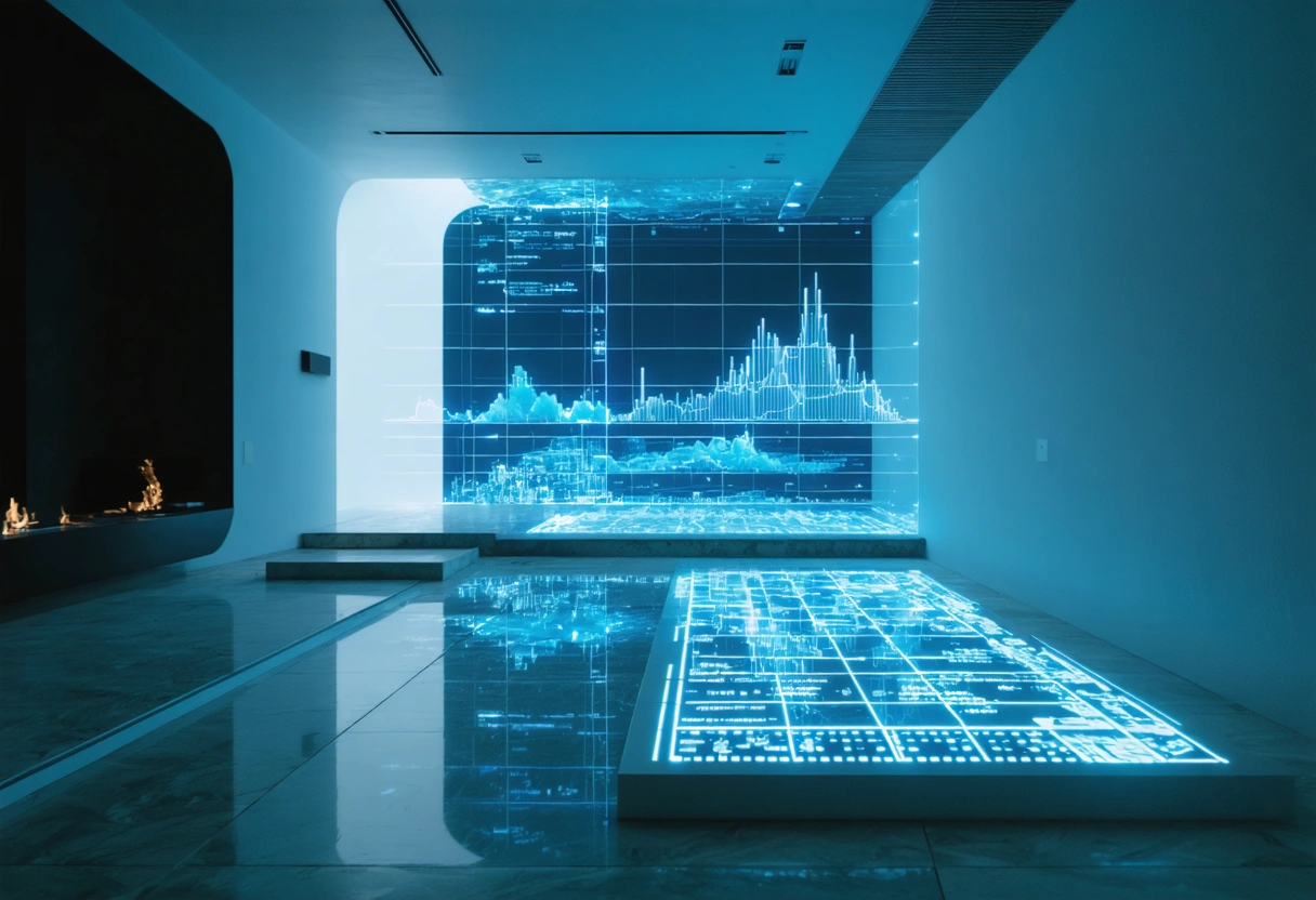 Futuristic room with smart flooring and digital data display.